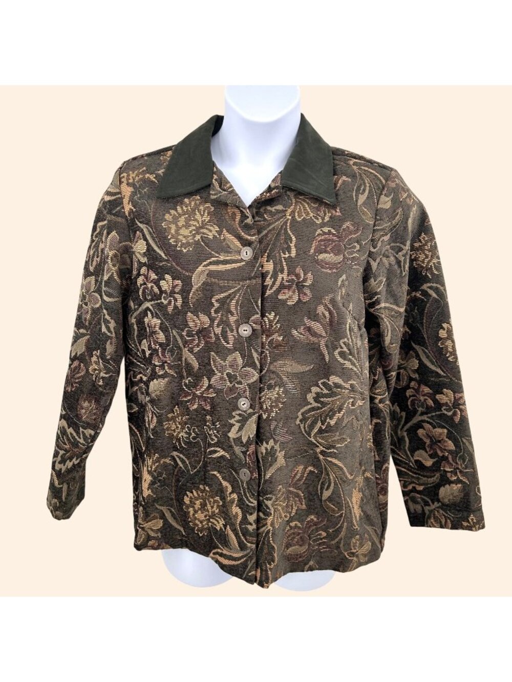 SUSAN GRAVER STYLE FLORAL TAPESTRY JAQUARD DECORATIVE BUTTON JACKET - M